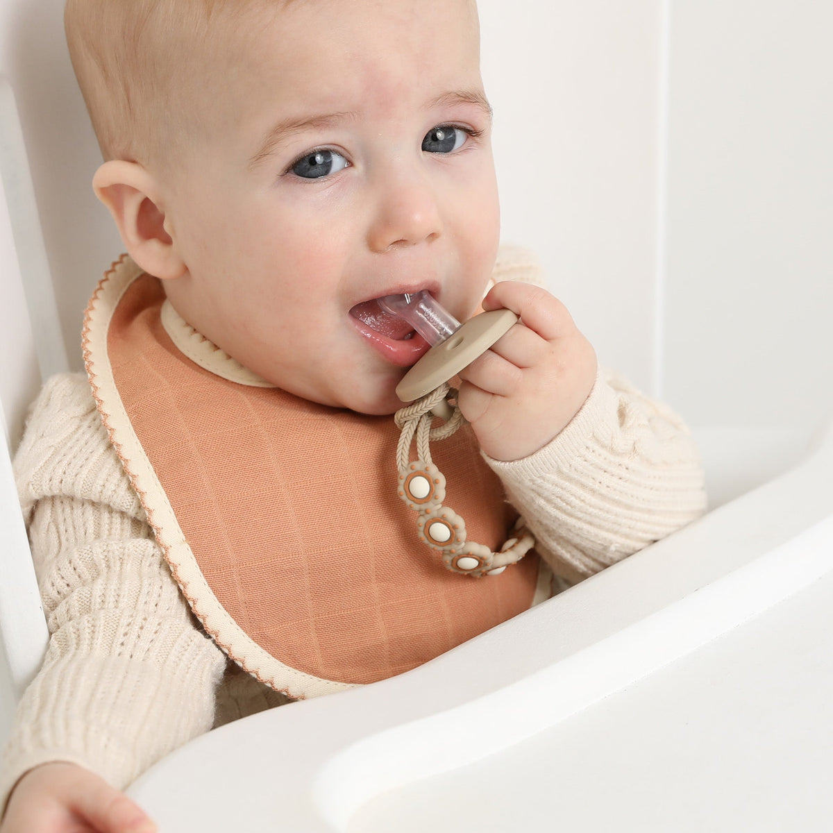 Poppy Pacifier Clip - Saddle